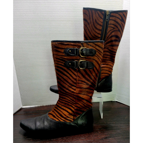 Born Pony Horsehair Boot Sz 8.5 Zebra Striped Brown Leather Riding Side Zip - Picture 1 of 10